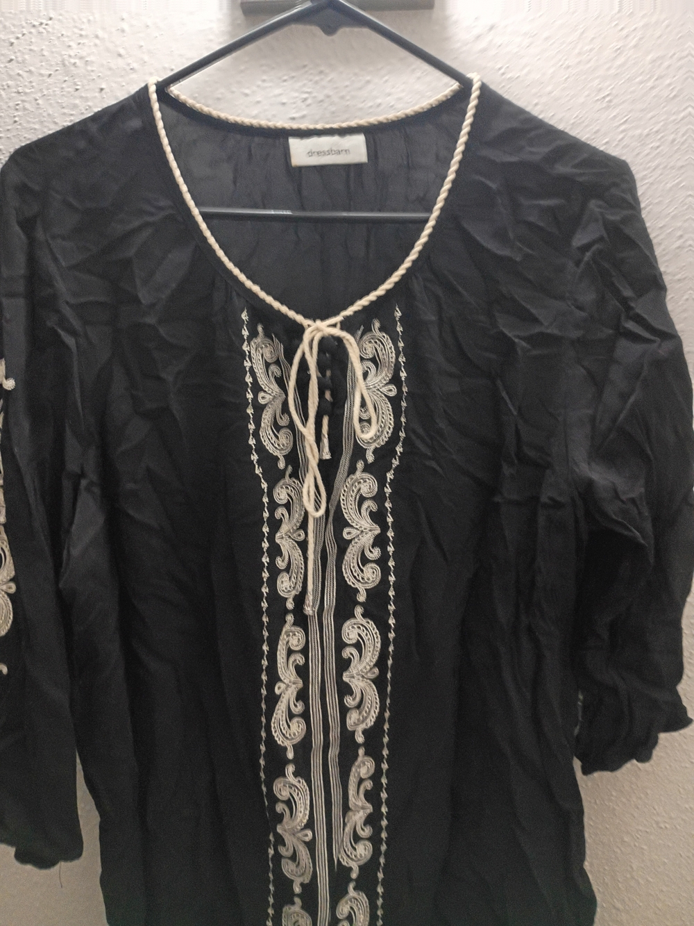 dressbarn Black Embroidered Peasant Top with Cream Trim